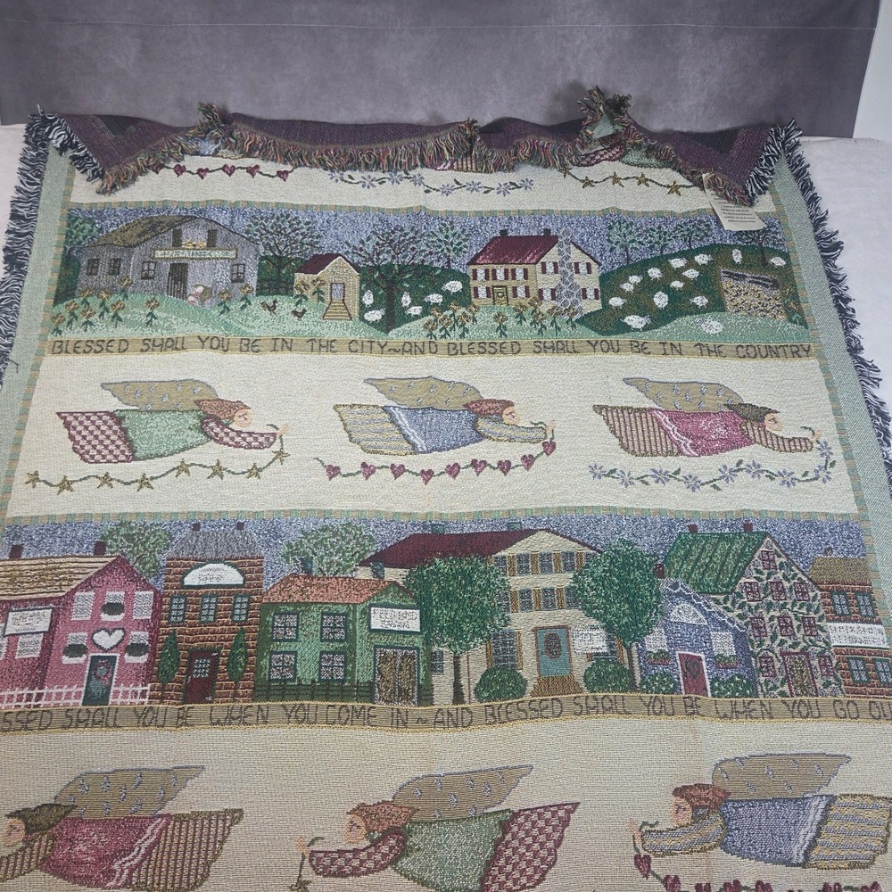 Vintage Angel Folk Art Woven Tapestry Throw Blanket Blessed 100% Cotton 53x65 US